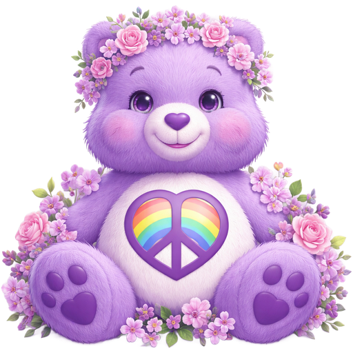 Peaceful Heart Lavender-Purple Care Bear Covered in Pink and light Purple Flowers with a Purple Heart-Shaped Peace Sign and Blue, Red, Yellow and Green in the middle of it with a Red, Yellow and Blue 3 Colored Rainbow in the Background on the Stomach and a Purple Heart nose