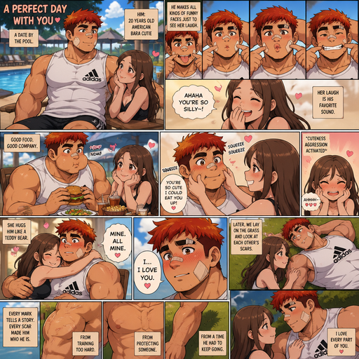 A Full page Anime Comic book story about of a masculine and Bulky ANIME Cute Bara Man American 20 year old with a ROUND and BASIC facial structure and TENAGE BARA CUTE MALE not to detailed With bigger than average Pecs that are visible through the shirt and Biceps and a big Bandaid on his nose and Left Cheek and Right Eye brow. Wearing a no piercings Baggy White Adidas Sleeveless Shirt and Shorts and Red Hair and Bright Orange Hair Tips and Strait with brown eyes and black eyebrows. At the Pool on a Romantic date and makes more funny faces just to see her laugh. They eat and he eats with puffy cheeks and she pinches his cheeks and she had CUTENESS AGGRESSION for him. And then She Hugs Him like a Teddy Bear and He and Saying I love you blushes Hard. And then go to open grass near the pool and look at the Scars