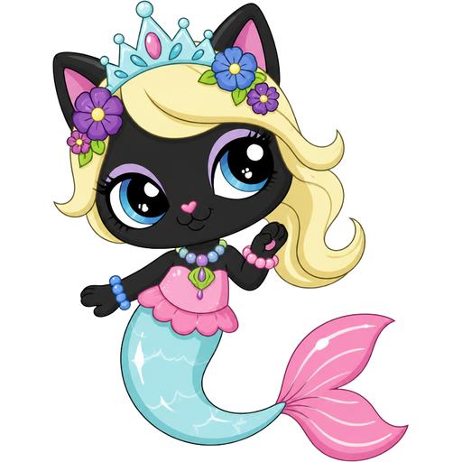 black cat with light yellow hair purple and blue flowers light cyan crown purple and green necklace pink and blue bracelets pink dress attached to long light cyan mermaid tail with white highlights with pink tail fins with white highlights (Hasbro brand new littlest pet shop tv series)