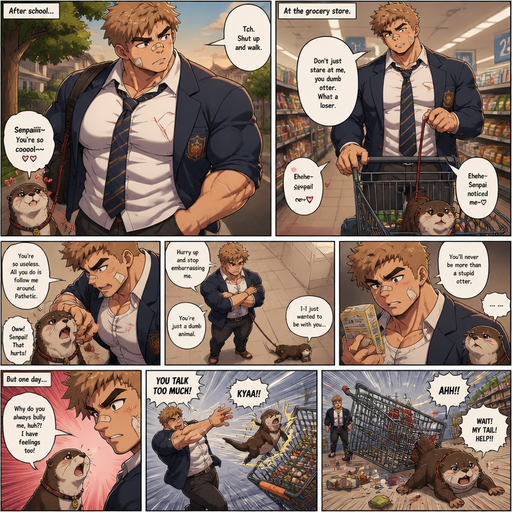 A Lifelike and Detailed Comic book story about of a Bulky and Beefy and every Muscle is bigger than average and less shredded or muscular with Chunky and Bulky chest and Biceps and his defined abs ANIME Cute Bara Man American 20 year old with a ROUND and BASIC facial structure and Young Adult BARA CUTE that is Peach Toned skin not anything else MALE not to detailed With bigger than average Pecs that are visible through the shirt and Biceps but slim and Athletic Lower body that makes have a V-Tapper Lower Body and a big Bandaid on his nose and Left Cheek and Right Eye brow with Scars all over his Chest and arms. Wearing a no piercings Wearing a baggy School Uniform and tie with Blazar and Pants and yellowish Brown Hair and Bright Light Brown fluffy Hair and Strait with brown eyes and black eyebrows with a Three finger Slash on his Eyebrow. With no Facial Hair. Coming home from School with his Pet Otter that has a Collar and has a Huge Crush on him but he doesn’t like the otter back, at the grocery store with the leash tied to the cart ans excessively Bullies it all day. And he the otter always gets disciples. And the otter one day talked back to him at the grocery store and the otter is throw at the cart and a the cart falls over. And the otter tries to escape but his tail is stuck