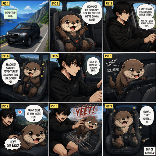 A comic book Picture by picture and shows impact of a A small baby cute otter that is in his booster seat in the back and talks about how ready he is for the fun there going to have and also in the car his Cute and Handsome owner who hates the otter wearing a Black Hoodie and Shorts owner who is on a road trip with his otter in the back and the otter climes to the front and Squirms in the front seat and is thrown back into his chair says it hurts