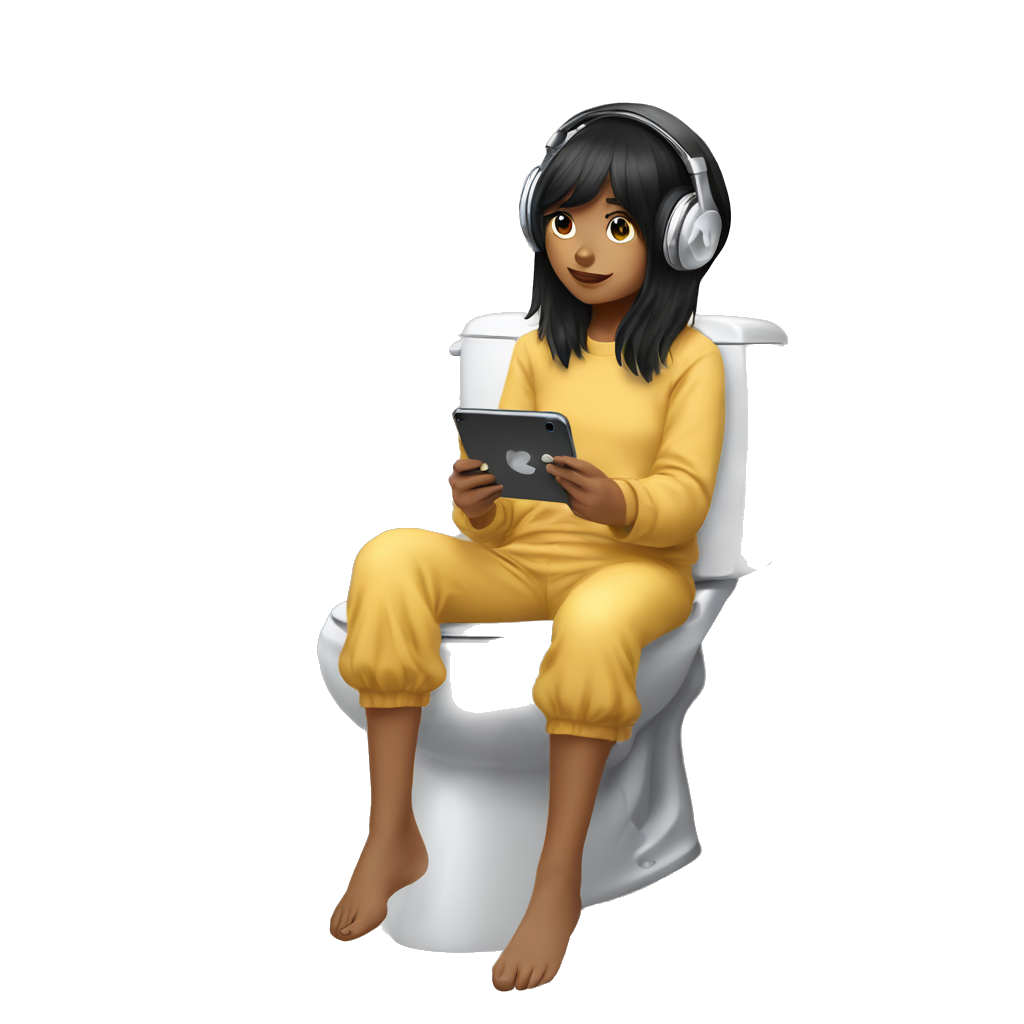 girl with black hair and curtain bangs and pajamas sitting on toilet with headphones and phone listening to music
