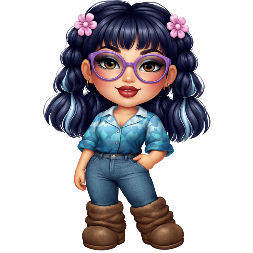 Everything Muffin With a Fair-Light Warm Golden Natural Skin Tone With a Wide Lip Shape with a Grey Eyeshadow and a Thick Eyebrow with a Hooded Eye Shape and a Oval Face Shape with a Dark Blue Hair with a Bubble Braided Medium Cut Hairstyle including Bangs with the Scrunchies Being Pink Flowers and Pastel Blue Highlighted Streaks Throughout the Hair Wearing Purple Large Rounded Glasses with a Dark Red Lipstick Wearing a Dark Teal Dress with a Printed Pattern of Three Light Blue Stretched out Upside Down Triangles with a Short Sleeved Button Up Shirt With the Top Being Light Blue and The Bottom is Steel Blue and the Sleeves Have a Wavy Printed Pattern With the Waves Being Teal and the Surrounding Being Turquoise With Steel Blue Pants and Long Brown Plush Boots with a Mature Adult Toned Build and Luxury Glossy