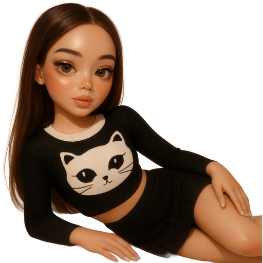 soft airbrushed glam, mini plush Bratz-doll aesthetic, cinematic glow, crisp clean detail, glossy soft skin. brown eyed skinny Petite girl, fair skin with soft freckles, wide face with tall forehead, honey-brown almond wide-set upturned eyes, fluttery lashes, shimmer highlight, plush lips, bottom heavy lip, sweet Belle-princess vibe, medium-long brunette hair with visible caramel highlights. softly defined feminine body, soft hourglass shape with full round bust, wearing a detailed black and white cat-core outfit. hair sleek and straight side parted, hair over one shoulder. sleek almond nails. peachy-pink blush with shimmer highlight, glossy shimmer lips. lying on ground. full body showing.Cozy romantic glow, soft warm lighting, pop-princess energy