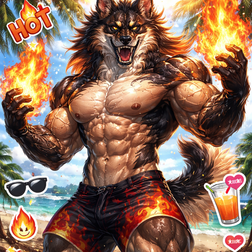 Very Hot and Attractive and Extremely Muscular animal that is a Sabertooth mixed with a German Shepard with Ginormous Biceps and Pecs Bara furry Beach Hun with Fire Elemental Powers . Dripping with Sweat