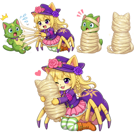 green cat getting quickly wrapped up and webbed by yellow cat with purple eyes light blonde hair purple and pink florist hat and purple florist outfit green and white socks orange boots with buckles light pink skirt drider hybrid with its own light blonde hair webbing 2 light blonde hair mummy shaped like green cat completely covered with light blonde hair webbing then yellow cat with purple eyes light blonde hair purple and pink florist hat and purple florist outfit green and white socks orange boots with buckles light pink skirt drider hybrid hugs the light blonde hair mummy shaped like green cat completely covered with light blonde hair webbing jewelpet sunshine comic version