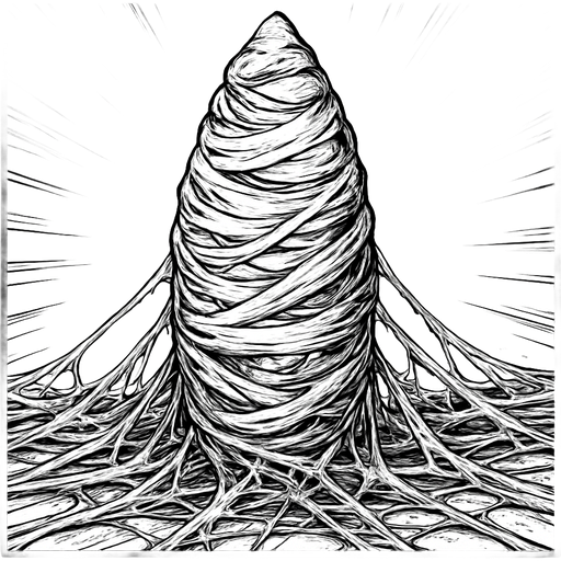 mega slikworm cocoon upright covered with huge coating of slik and huge slik wrappings and huge webbing wrappings on the ground
