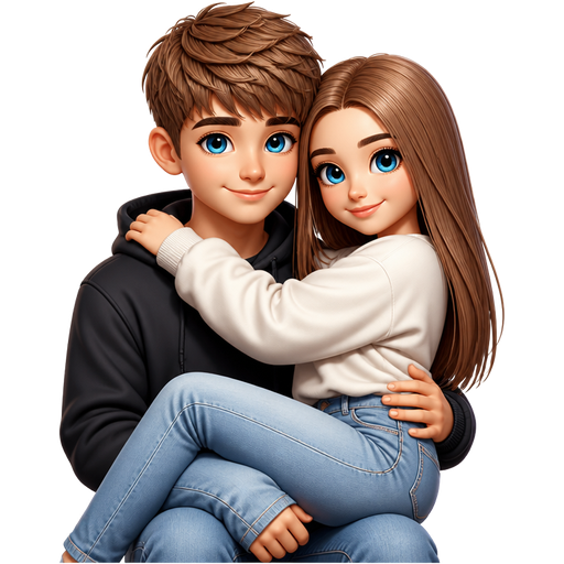 Make a hubby and wifey with light brown hair and blue eyes, the girl has long straight hair and the boy has a textured fringe haircut, the girl is sitting in the guy’s lap