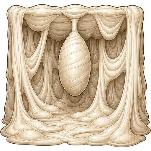 slikworm cocoon covered with thick layers non-transparent slik wrappings and huge slik wrappings hanging on wall and floor and ceiling covered with thick layers non-transparent slik wrappings and huge slik wrappings