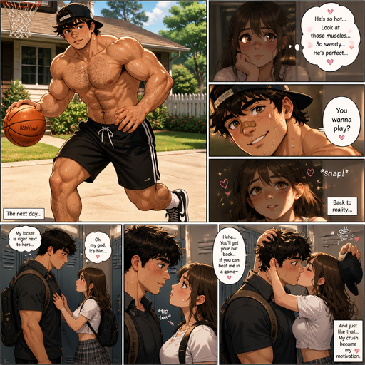 A Real life Full Body anime Comic Book view of a Bulky and Beefy sized Young adult a very Dark brown haired ANIME Cute Bara Man Who looks Normal and American with a round facial Structure and Basic facial structure With and Biceps and Bandaid on his nose. Playing Basketball in the front yard shirtless and with a baseball hat extremely sweaty And his crush can’t help but watch you play. Makes a Very Cute hot and Dreamy face at him and says you wanna play and his crush. Snaps out of the dreaming of him and the next day at school his locker is next to hers so when they close lockers they make eye contact and she got on her tipi-toes and kissed him and took hat as a joke and does something but to get it back and she tussles his hair
