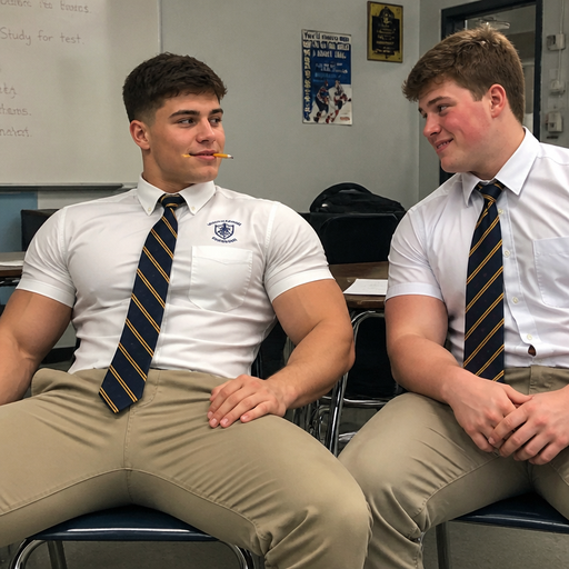 A Real life Full Body Image of a Hugely Muscular American White skinned Teenage Jock with a BASIC and ROUND looking face and Low taper fade with Dark Brown hair and brown eyes and Big Arms and Big Pecs with a Tall Grotesque wrestler’s body. Tight Buttoned up in a School Uniform shirt with a Logo on it. holding a pencil in his Mouth sideways in a chair. And Making his friend Blush and looking at him