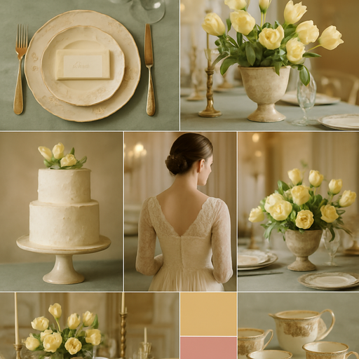A beautiful elegant, old money, grandmacore wedding. The decor should be vintage looking with vintage dishes and tulips for flowers. The colours should be, dusty sage, lemon sorbet, rosette and butterscotch.