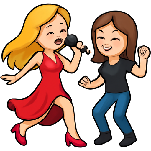 A girl in a red dress dancing with long blonde hair and she is white and she has a microphone and another girl on the side dancing to her music and she has brown hair and she’s white