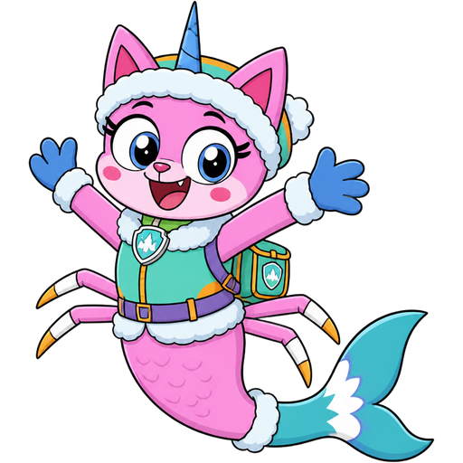 happy anthro furry pink cat mermaid with blue and white tail white wrists blue hands white ankles yellow tips on spider legs green collar blue unicorn horn based on unikitty wearing everest's hat and everest's clothing with everest's backpack