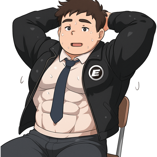A Full Body Image of an Incredibly Muscular White skinned Teenager with a Basic and Round Facial Structure with Dark Brown hair and brown eyes and Big Pecs that Are Noticeable through the Short with a Grotesque and Huge wrestler’s body. In a Button Up School Uniform and Tie with A Leather man Jacket Over with a Logo on it. Leaning back in A Chair drenched in Sweat. Stretching while his shirt comes up at the waist