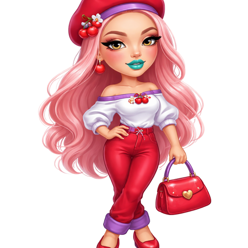Crepe Suzette with a Fair-Light Warm Sand Skin Tone and a Heart Shaped Lip Shape and a Lifted Eyelash Set up and a Matte Turquoise Lipstick with a Peach Eyeshadow and a Thin Eyebrow Shape and a Upturned Eye Shape with a Triangle Face Shape Wearing a Red Beret with the Brim being in Purple and a Cherry Clip on the Left side of the Hat with Pastel Pink Long Hair Wearing a White Off The Shoulder Tunic Top with the Brim being Purple With a Red Lace and a Cherry Clip Right Next to it Also Wearing Red Denim Pants and When it’s Rolled up at the bottom it’s Purple Wearing Purple Flats with a Red Bow on Top Carrying a Red Hand Purse With a Purple Handle with a Mature Adult Toned Build and Vivid with 3D Distinct Features and High Visual Textures in a Soft 4K Intense Polished Shine