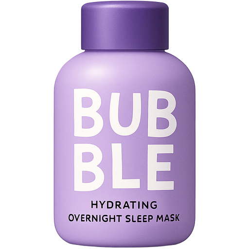 A light purple bottle with a darker purple cap and on the bottom where it’s light purple, it says bubble in all caps, but the letters are kind of scrambled all over the place of the bottle, but there’s still an order and the word bubble is in white and on the very bottom of the bottle it says hydrating overnight sleep mask, but in very small and in black