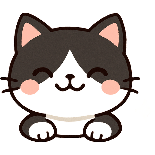 A black and white tuxedo cat smiling, with words “good morning” above! sparkles around, the image should be similar to mochi cat,
