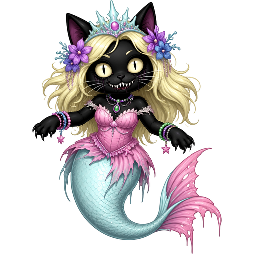 black cat with light yellow hair purple and blue flowers light cyan crown purple and green necklace pink and blue bracelets pink dress attached to long light cyan mermaid tail with pink fins based on sebastian pressure