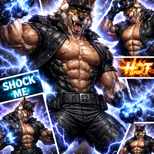 A Very Flirty, Hot and Attractive animal that is a Chunky and Hunky Sabertooth mixed with a German Shepard with Ginormous Biceps and Pecs Bara furry Military Officer in All Black All powerful Electrokinetic Elemental Powers controlling Electricity and Lightning. Dripping with Sweat. A Collage