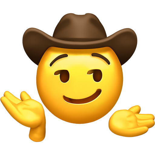 A Yellow face smirking with a cowboy hat with two hands face up one hand is higher than the other with the fingers pointed towards me one hand is lower than the other hand