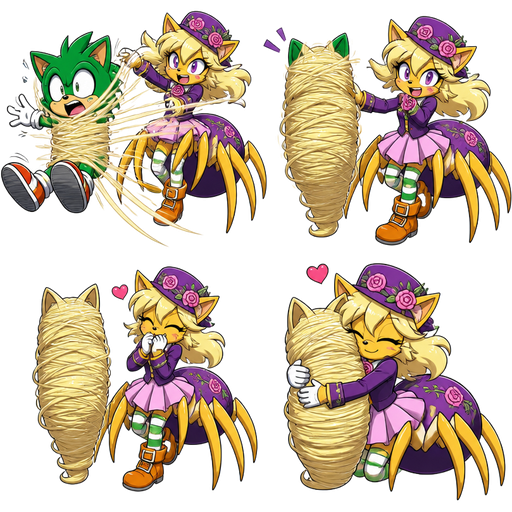 green boy cat furry getting quickly wrapped up and webbed by furry yellow cat anthro with purple eyes light blonde hair purple and pink florist hat and purple florist outfit green and white socks orange boots with buckles light pink skirt drider hybrid with its own light blonde hair webbing 2 light blonde hair mummy shaped like green boy cat furry completely covered with light blonde hair webbing then furry yellow cat anthro with purple eyes light blonde hair purple and pink florist hat and purple florist outfit green and white socks orange boots with buckles light pink skirt drider hybrid hugs the light blonde hair mummy shaped like green boy cat furry completely covered with light blonde hair webbing sonic x comic version