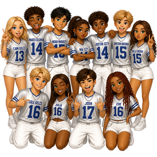 If there was a famous teenager friend group with these people Cami Kelce (13) (white) blonde hair blue eyes funny sweet sassy cute pretty Marco Coleman (14) (black) brown hair brown eyes funny stupid cool sweet Noah market (15) (Mexican) black hair green eyes cool strong silly jokey Mia lzzy (14) (black) brown hair brown eyes funny cool additud twins with Justin pretty Justin lzzy (14) (black) brown hair brown eyes funny cool strong sassy Jonathan greenish (15) (white) blonde hair brown eyes cool sweet strong silly stupid Millie brown (15) (mixed) brown hair green eyes cute silly smart sassy Cole Kelce (16) (white) blonde hair blue eyes cool funny jokey protective of Cami when it comes to boys and outfits Julia (16) (black) brown hair green eyes she’s funny sweet and jokey too Josh (17) (white) brown green hair brown eyes funny kind stupid jokey Zoe (16) (black) brown red hair green eyes sweet funny pretty have the boys wearing baggy white jeans while the girls wear white shorts and have them all wearing silver and blue and white jerseys with the numbers and names
