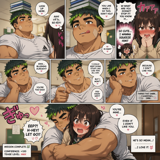 A Full page Anime Comic book story about of a masculine and Bulky ANIME Cute Bara Man American 20 year old with a ROUND and BASIC facial structure and TENAGE BARA CUTE MALE not to detailed With bigger than average Pecs that are visible through the shirt and Biceps and a big Bandaid on his nose and Left Cheek and Right Eye brow. Wearing a no piercings Baggy White Adidas Athletic shirt and Short and Green Hair and Bright Green Hair Tips and Strait with brown eyes and black eyebrows. Sitting down looking up And Balances Books on his head and Licking his lips and making her blush and having cuteness aggression against him. He Purposely flirting with her knowing she likes him but he doesn’t like her. Then he teddy bear hugs her around the waist