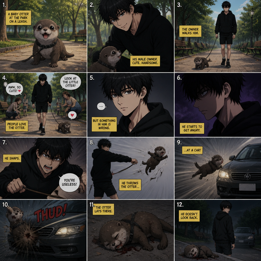 A comic book Picture by picture and shows impact of a A baby otter at a park on a leash and his male Cute and Handsome wearing a Black Hoodie and Shorts owner the owner Walks him and the owner and then the owner throws the otter at a Car and the otter lays there