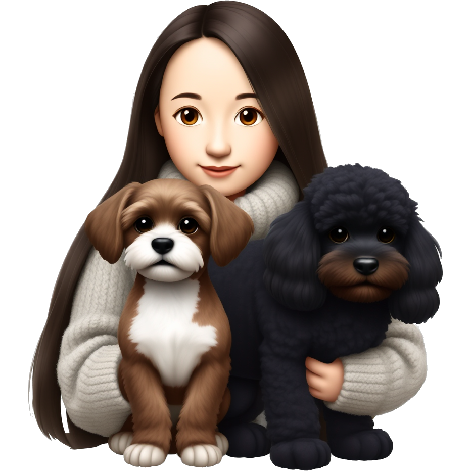 An Asian girl with long dark brown hair, wearing a comfy sweater, cradling a black poodle with white chest hair, and a champagne-colored standing eared string-dog