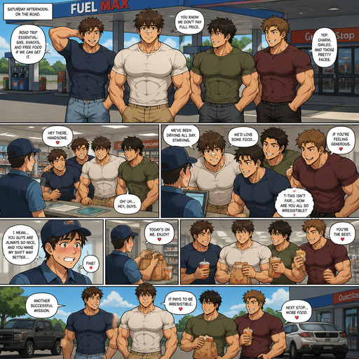 A Full Body Comic Book story view of a Hunky but less shredded ANIME Cute Bara Man With Peach toned skin Who looks like his brother and With Beefy and Big Pecs that are visible through the shirt and Biceps and Bandaid on his nose and Brown and Strait hair. Wearing a Normal clothes and no jewelry. With his 3 irresistible and Cute brothers that are Hunky and Bulky like his brother and they go to a gas station and they convince a worker for free food with there charm