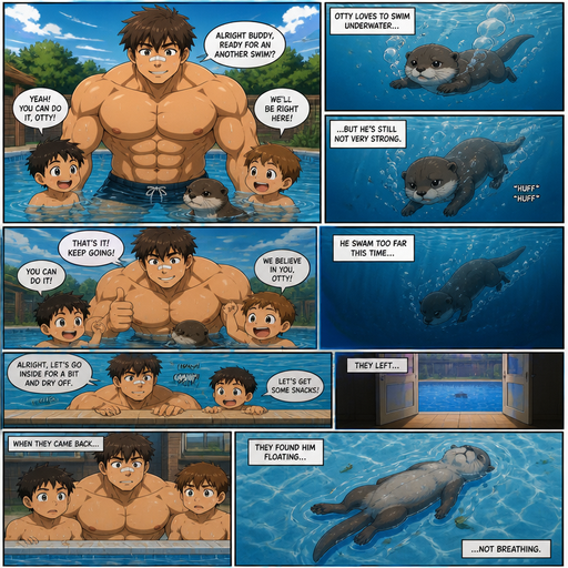 A DETAILED AND LIFELIKE ANIME Comic Book story view of a Bulky but Muscular ANIME Cute Bara Man With Peach toned skin Who looks Normal aind round facial Structure and Basic facial structure With Puffy and Big Pecs that are visible through the shirt and Biceps and Bandaid on his nose and Brown Fluffy and Strait hair. Wearing a Swimming trunk And is in the Pool With his pet otter and 2 little brothers. And the otter Like to swim under water but isn’t great cause he’s weak. And he struggles but him and his brothers support him but the otter goes to far while they leave and go inside for a bit and it’s over when they come back seeing him floating and not breathing
