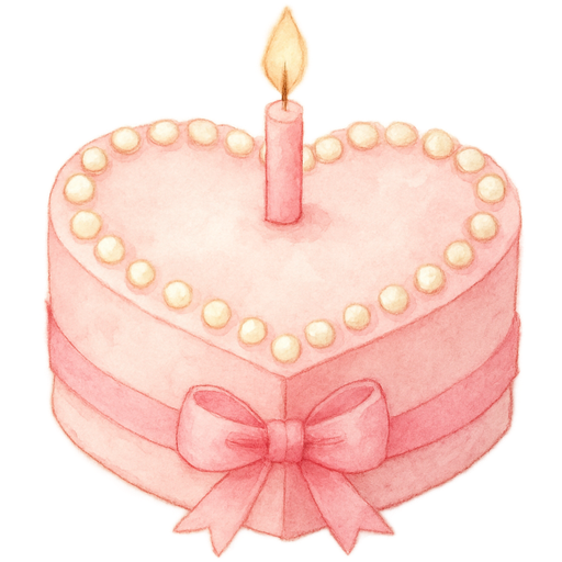 a heartshaped light pink birthday cake with pink decoration, a pink ribbon tied around it and cream colored pearls and one lit candle on the top