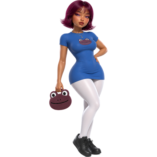 Artemis With a Fair-Light Neutral Olive Beige Skin Tone and a Wide Lip Shape and a Natural Eyelash Style Set Up and a Cinnamon Lipstick with a Glittery Rose Red Eyeshadow and a Modern Tail-Arched Eyebrow with a Monolid Eye Shape and an Oval Face Shape With a Reddish Purple Flipped Short Bob Including Bangs and Purple Eyes with a Blue Mini Crewneck T-Shirt Dress and a Frog’s Face that Happens to also be Reddish Purple and White Eyes Wearing Long White Legging Pants and Black Sneakers with a Luminous Glazed Complexion and a 3D Naturalistic Animation with a Mature Adult Curvy Toned Build and a Luxury Glossy with a Refined Pristine Set Up and a Theatrical Appearance