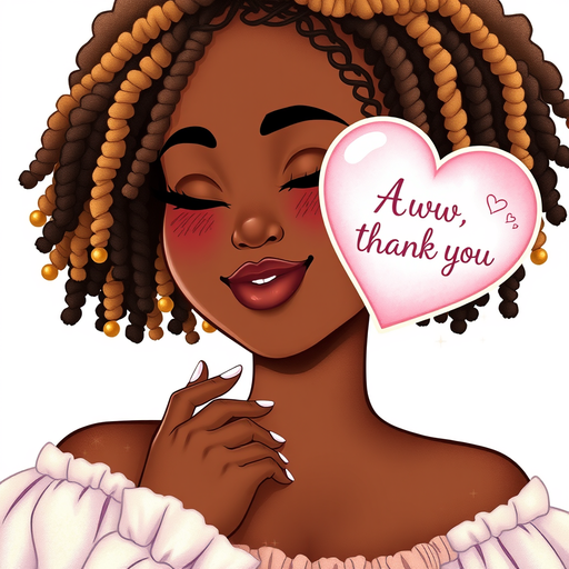 Create a **soft, glowing sticker** of a **plus-size dark-skinned Black woman** with honey blonde mini locs (some with gold beads), embodying a **shy but beautiful** vibe. - **Expression:** Slightly twinkling eyes with a warm, closed-mouth smile, blushing cheeks. - **Pose:** One hand gently touching her collarbone, the other extended as if catching a **floating pink heart** with the text *“Aww, thank you”* in delicate cursive. - **Style:** *‘Natural Beauty Barbie’* meets **kawaii**—round face, full lashes, luminous skin with golden highlights. - **Outfit:** A pastel lavender or gold off-shoulder top. - **Extras:** Tiny sparkles around her hair, a barely visible *“💫”* emoji near her cheek for shy charm. **Art Style:** Thick outlines, cel-shaded pastels, transparent background (1024x1024 px)."*