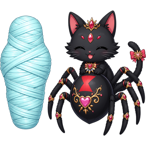 wrapped up and mummified fully covered in a #B8FFFF spider slik cocoon shaped like brother arms behind back with #B8FFFF spider slik wrappings completely covered with thick layers non-transparent #B8FFFF spider slik wrappings next to a happy male black widow spider cat drider hybrid jewelpet sunshine version