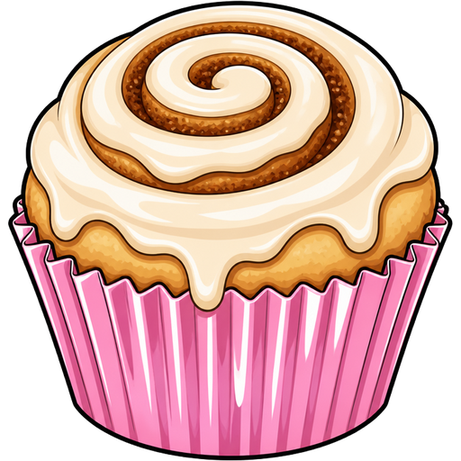 cinnamon roll cupcake | color #f699cd foil cupcake liner | ghibli style + vector-cartoon + glossy cel-shading + bold smooth black outlines