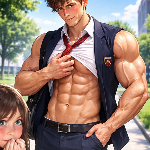 A Real life Full Body Image of a Hunky and Muscular, Handsome and Masculine Student with Brown Spiked hair and Blue eyes and with Chunky and Extremely Big Pecs and Very Lean Body and Ginormous Biceps and Arm Muscles. Wearing A Sleeveless Button up School Uniform and Sleeveless Blazer. Blushing with Sunburned under his eyes. Scratching something under His Shirt. Making the Girl blush
