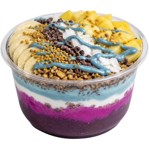 Smoothie Bowl in a Clear See-Through Plastic Bowl Layered with Açaí, Pitaya, Cloud 9, Blue Majik Drizzle, Almond Chia Granola, Bananas, Pineapples, Coconut Flakes, Cacao Nibs and Bee Pollen on Top