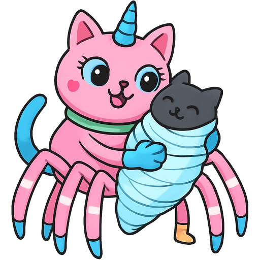 giant pink cat spider hybrid with blue unicorn horn green collar blue eyes with eyelashes heart shaped cheeks white wrists blue gloves white ankles yellow boots blue tail and with white stripe pink spider legs happy hugging #B8FFFF cocoon slikworm cocooned pod black cat happy covered with #B8FFFF huge coating of #B8FFFF spider slik and huge #B8FFFF spider slik wrappings and huge #B8FFFF spider slik webbing wrappings cocoon #B8FFFF