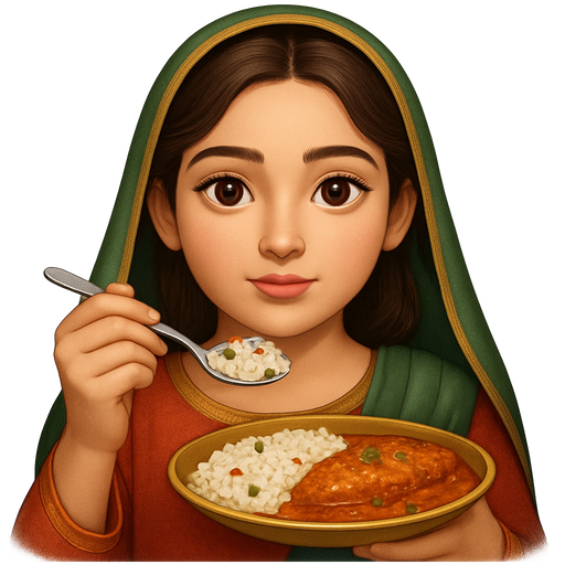 Fair skinned pretty Girl wearing shalwar kameez with dupatta and eating rice with vegetables and fish curry