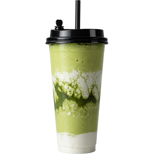 Smoothie with a 32oz PP Injection Cup and a Premium Plastic PP Black Lid with an Attached Stopper including a Straw on Top of It Infused with Yogurt Blended with Matcha, Banana, Honey, Avocado and Almond Milk and It’s Light Green with Thick White Cream at the Bottom and in the Middle with Dark Green Juice Mixed into the Middle