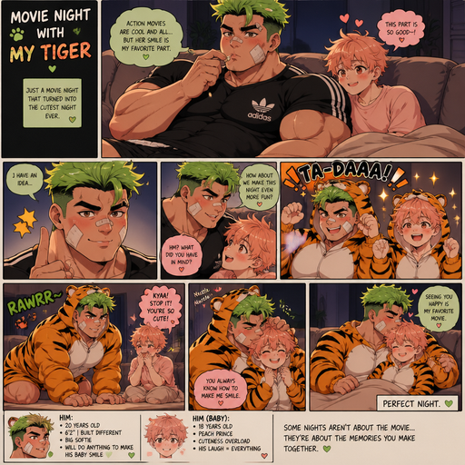 A Full page Anime Comic book story of the perfect combination of about of a MASCULINE and more BULKY thank defined ANIME Cute Bara Man American 20 year old with a ROUND and BASIC facial structure and TENAGE BARA CUTE PEACH COLORED MALE that is the perfect Combination of Attractive and Super hot and Cute and can be either one when at will. Not to detailed With ginormous that are visible through the shirt and ginormous BICEPS and a big BANDAID on his nose and Left Cheek and Right Eye brow and long jaw. Wearing a no piercings Baggy Adidas shirt and shorts that makes him look Jacked and Buff and Shorts and Bright Green Hair and Brighter Green Hair Tips and Strait with brown eyes and black eyebrows. And is watching a movie with his girlfriend, they changes into a Cute Tiger onesie and does cute stuff just to make her laugh and smile