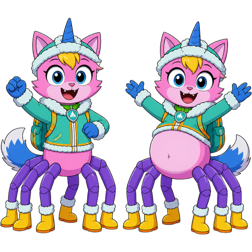 happy pink cat anthro furry boy drider with yellow hair blue and white tail white wrists blue hands 6 purple spider legs white socks yellow boots green collar blue unicorn horn based on unikitty wearing everest's hat and everest's clothing with everest's backpack next to happy pink cat anthro furry boy drider with yellow hair blue and white tail white wrists blue hands 6 purple spider legs white socks yellow boots green collar blue unicorn horn based on unikitty wearing everest's hat and everest's clothing with everest's backpack with full belly