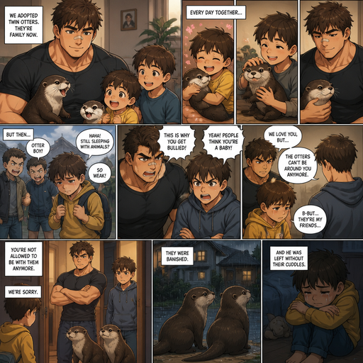 A DETAILED AND LIFELIKE ANIME Comic Book story view of a Bulky but Muscular ANIME Cute Bara Man With Peach toned skin Who looks Normal aind round facial Structure and Basic facial structure With Puffy and Big Pecs that are visible through the shirt and Biceps and Bandaid on his nose and Brown Fluffy and Strait hair. Wearing normal With his pet Grown and long and healthy otter and 2 little brothers that are in different ages but young. And they See there twin otter cuddle with them. And the otters Cuddle the Little Brothers and they keep them as pets and take care of them. The little brother gets bullied by his friends and the brothers get mad at the otters for making them look weak. and then the otters were told not to be with the youngest brother that way they don’t make him look weak, and the youngest brother is sad because he doesn’t get to cuddle anymore. And they banished the otters from the house.
