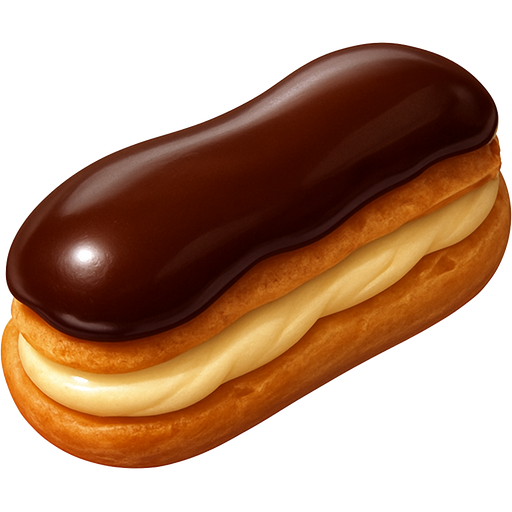 A chocolate éclair filled with smooth pastry cream and topped with a glossy chocolate glaze. The choux pastry is light and slightly crisp, contrasting with the creamy filling. Each bite is delicately sweet and intensely chocolatey.