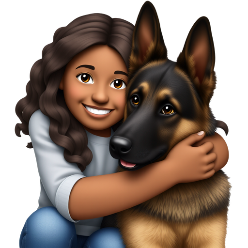 a mat skinned girl with EXTRA LONG DARK BROWN wavy hair smiling hugging a black and brown German Shepard