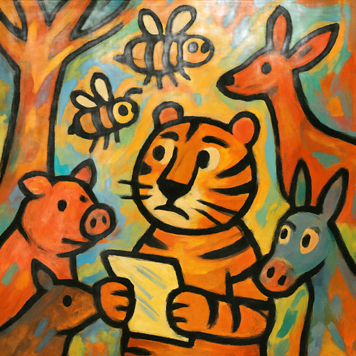 Bear found some bees In the honey tree. They had stripes like Tiger, too. But when the bees started to chase Bear. Pig and Donkey, Bear decided. "These aren't the right sort of tigers.” Kangaroo suggested that Tiger write a letter to his family. Tiger thought that was a Tiger-ific Idea and sat down to write. Tiger walted for an answer to his letter, but none came. Kangaroo was worried. Kangaroo Mom sald. "As long as we care for him, he will always be one of our family.” Kangaroo gathered Tiger’s friends together. Roo wanted Owl to write a letter to Tiger pretending to be from his family. Owl began the letter: "Dear Tiger, Just a note to say...” "Dress warmly." suggested Kangaroo Mom, "Eat well." added Pooh. "Stay safe and sound." said Pig. "Keep smilin " rumbled Donkey. "We’re always there for you," said Kangaroo. Owl finished the letter: "Wishing you all the best. Signed. Your Family." Tiger showed off the letter from his my family tree. “They re comin' ta see me, tomorrow!" "Where does It say that?" asked Owl, surprised. "Nowherel" sald 'Tiger. "With us tiggers. ya gotta read betwixt the lines." Tiger welcomed his newfound "family." "Let's all do what tiggers do best." Tiger sald. "Bouncing" Kangaroo tried another terrific bounce and crashed Into the closet _again. Kangaroo Tiger mask fell off and Tiger discovered that everyone was only disguised as tigers. "There's a tiger family tree full of my real family, and Im gonna find it." Tiger sald as he stalked out the door.