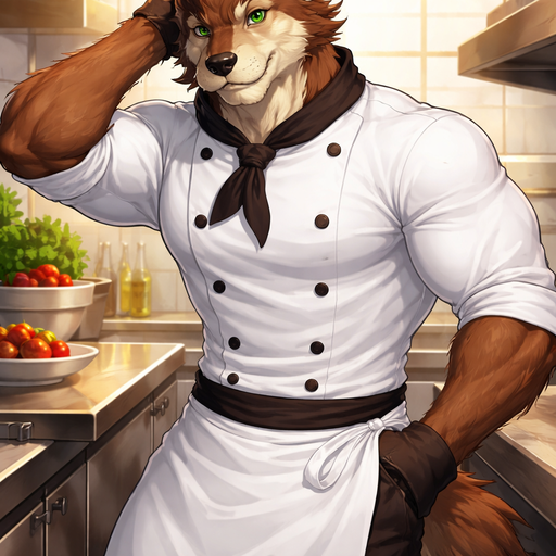 A Full Body Image of a Hunky and Chunky a Brown Wolf who is a Chef Student and Muscular but not to muscular Masculine and Handsome and Ginormous Arms and a Rounded Pecs Short Strait Hair. Dressed in a Chef’s Clothes. Leaning on the Table Tussling his Hair.