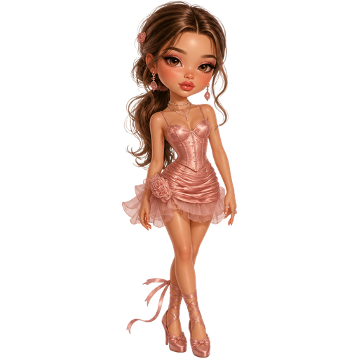 semi-realistic soft cartoon luxury glam, mini plush Bratz-doll aesthetic, cinematic glow, crisp clean detail, glossy glam skin. brown eyed Petite 5ft girl, fair skin with soft freckles, wide face with tall forehead, honey-brown almond wide-set upturned eyes, fluttery lashes, shimmer highlight, plush lips, bottom heavy lip, sweet Belle-princess vibe, long straight brunette hair with visible caramel highlights, wearing a soft blush rose satin corset cami with floral appliqué and a petal-ruched mini skirt with airy chiffon layers, rose quartz earrings, a dainty layered pearl necklace, tiny rings and ribbon-wrap heels, hair in a romantic low ponytail with curled tendrils and miniature rose clips, makeup with rosy smoked lids, petal-pink blush, a soft winged liner and glossy rosewater lips